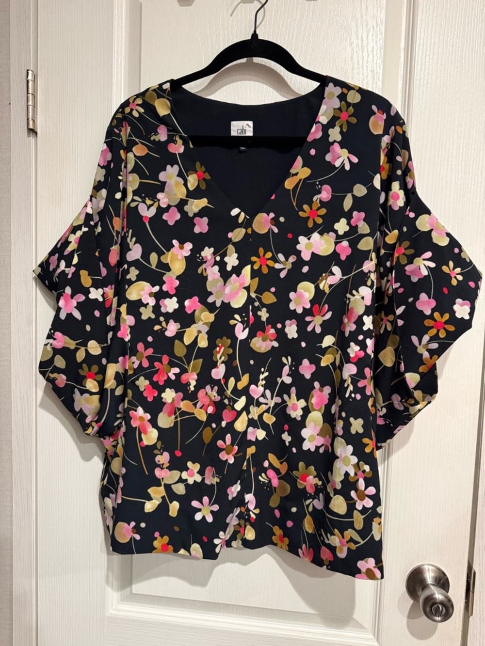 CAbi Bluee V-Neck Floral Blouse — Pink & Gold Blooms